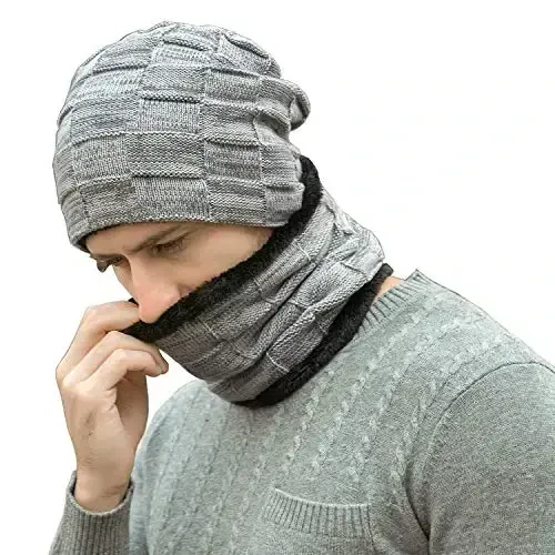 Mens Winter Beanie Hats Scarf Set Warm Knit Skull Cap Neck Warmer with Fleece Lined Winter Hat for Women - 1