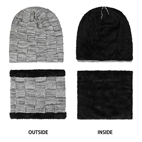 Mens Winter Beanie Hats Scarf Set Warm Knit Skull Cap Neck Warmer with Fleece Lined Winter Hat for Women - 4