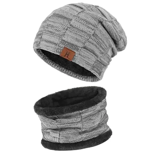 Mens Winter Beanie Hats Scarf Set Warm Knit Skull Cap Neck Warmer with Fleece Lined Winter Hat for Women - 2