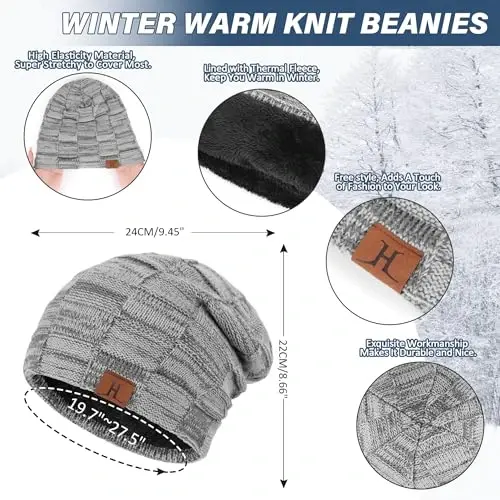 Mens Winter Beanie Hats Scarf Set Warm Knit Skull Cap Neck Warmer with Fleece Lined Winter Hat for Women - 3