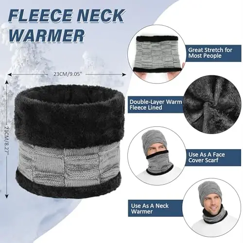 Mens Winter Beanie Hats Scarf Set Warm Knit Skull Cap Neck Warmer with Fleece Lined Winter Hat for Women - 4
