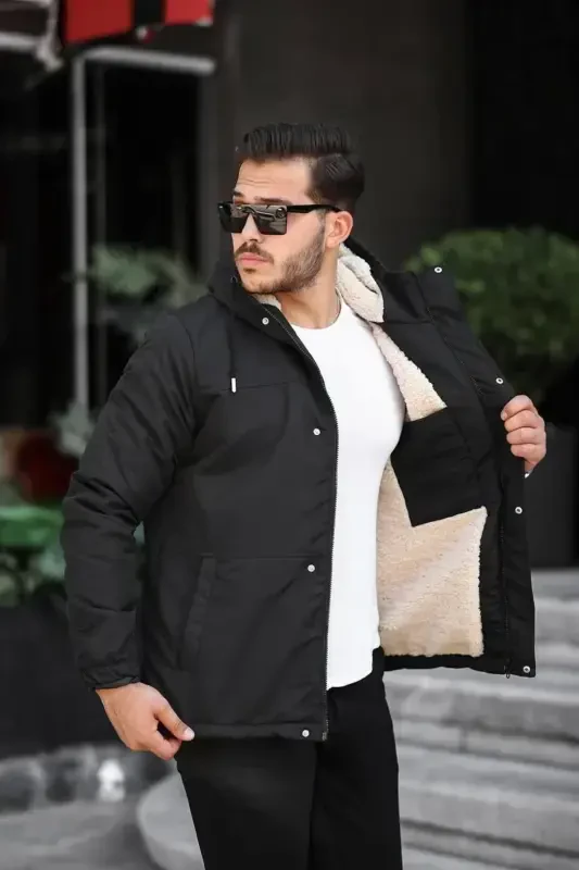 MEN'S WINTER COAT WITH FUR LINING-black - 4