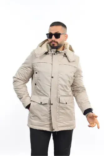 Men's Winter Detachable Hooded Parka Coat-BRICK RED - 1