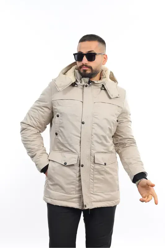 Men's Winter Detachable Hooded Parka Coat-BRICK RED - DOXGER