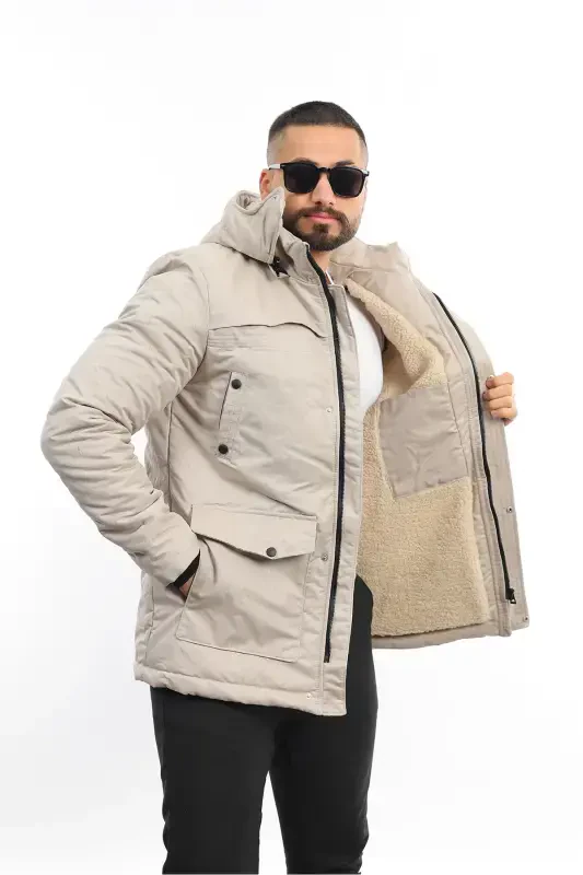 Men's Winter Detachable Hooded Parka Coat-BRICK RED - 2