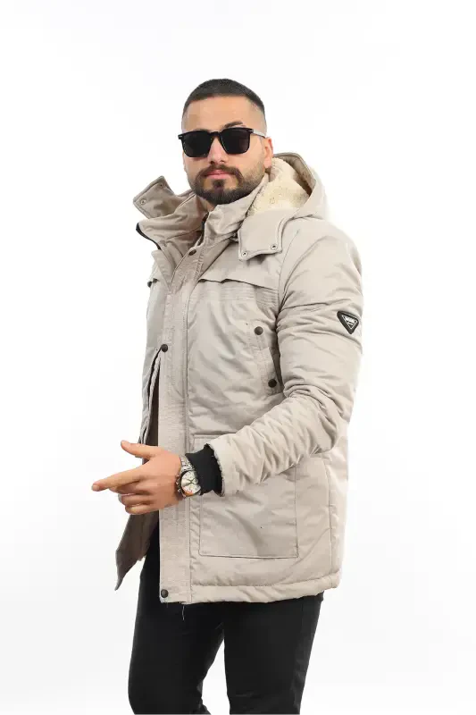 Men's Winter Detachable Hooded Parka Coat-BRICK RED - 4