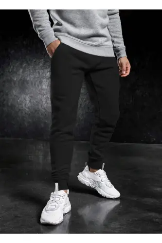 Men's Winter Sweatpants Slim Fit Jogger Black Cotton Fabric-Winter Black - 2