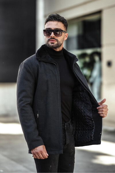 Men's wool blend, double collar, fur-trimmed, zippered, quilted lined, cashmere coat. - 1