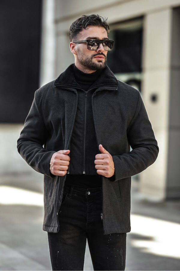 Men's wool blend, double collar, fur-trimmed, zippered, quilted lined, cashmere coat. - 3