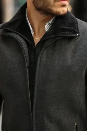 Men's Wool Blend Double Collar Furry Zip-Up Quilted Lined Overcoat - Anthracite - 1