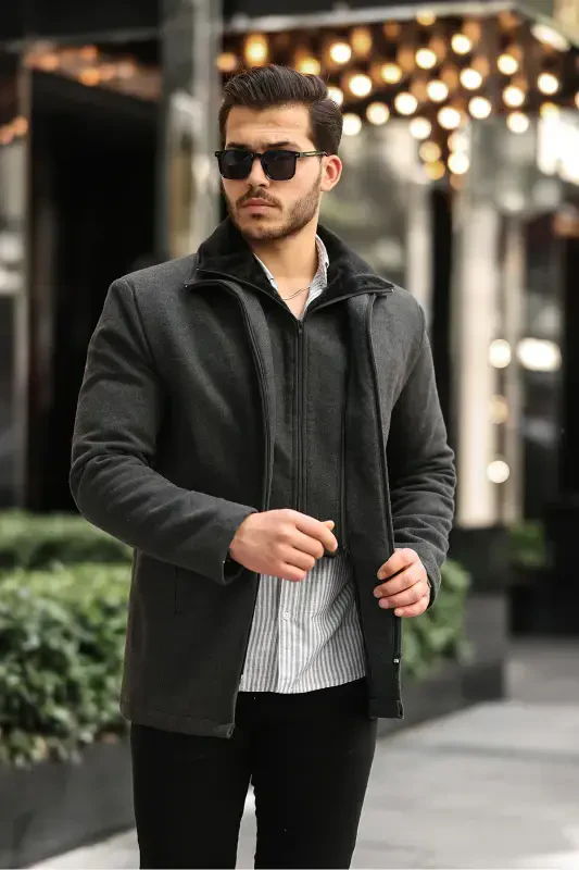 Men's Wool Blend Double Collar Furry Zip-Up Quilted Lined Overcoat - Anthracite - 2