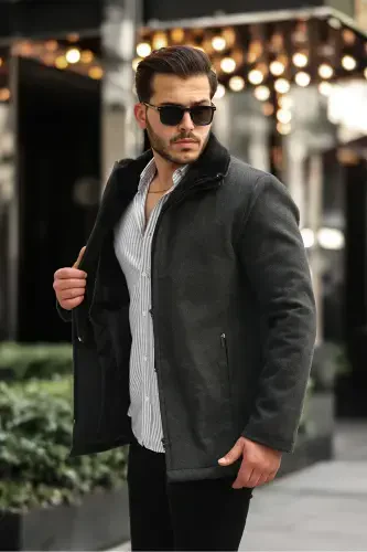 Men's Wool Blend Double Collar Furry Zip-Up Quilted Lined Overcoat - Anthracite - 3