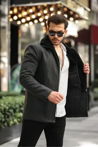 Men's Wool Blend Double Collar Furry Zip-Up Quilted Lined Overcoat - Anthracite - 4