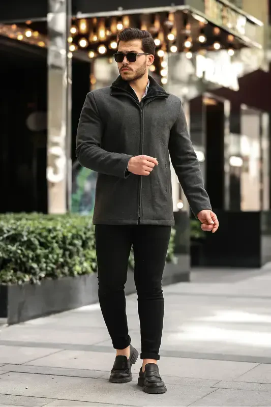 Men's Wool Blend Double Collar Furry Zip-Up Quilted Lined Overcoat - Anthracite - 5