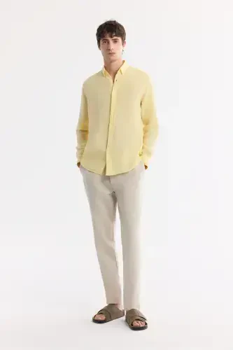 Men's Yellow Linen Shirt Button-Down Collar Comfort Fit B002191 - 6