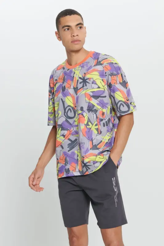 Men's Yellow Oversize Relaxed Fit Cotton Soft Touch Graffiti Design Printed Crew Neck T-shirt - 4