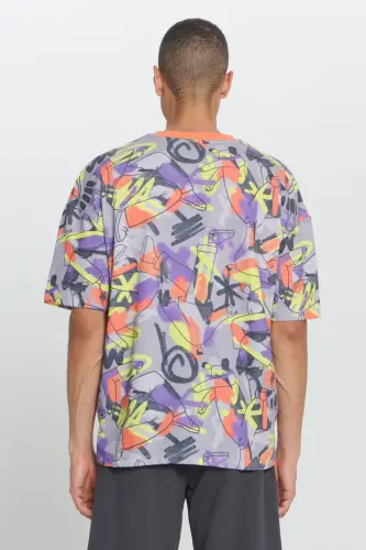 Men's Yellow Oversize Relaxed Fit Cotton Soft Touch Graffiti Design Printed Crew Neck T-shirt - 6
