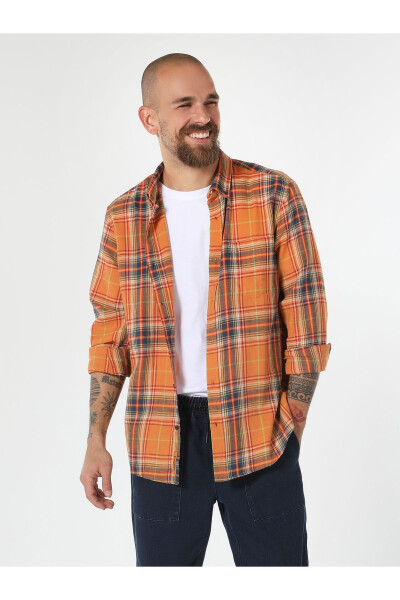 Men's yellow plaid long sleeve shirt, regular fit. - 1