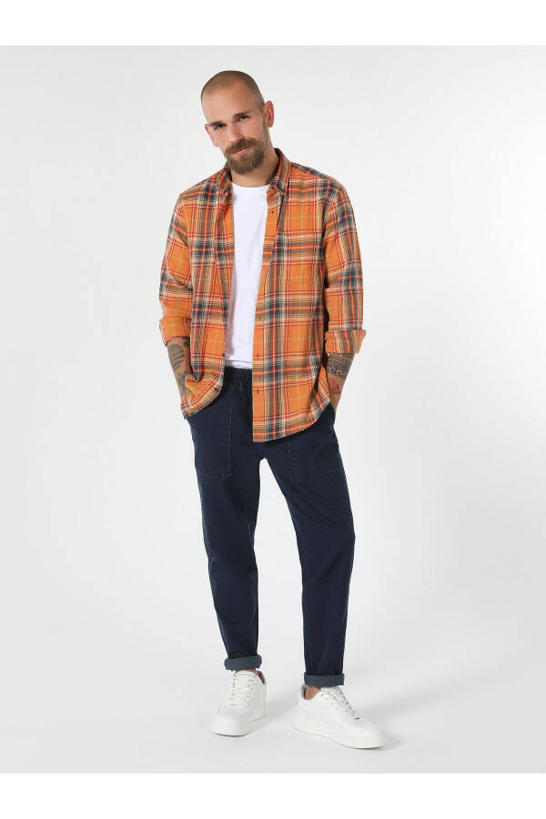 Men's yellow plaid long sleeve shirt, regular fit. - 3