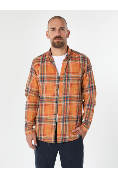 Men's yellow plaid long sleeve shirt, regular fit. - 4