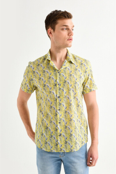 Men's Yellow Printed Apache Collar Slim Fit Short Sleeve Shirt A01y2049 - AVVA