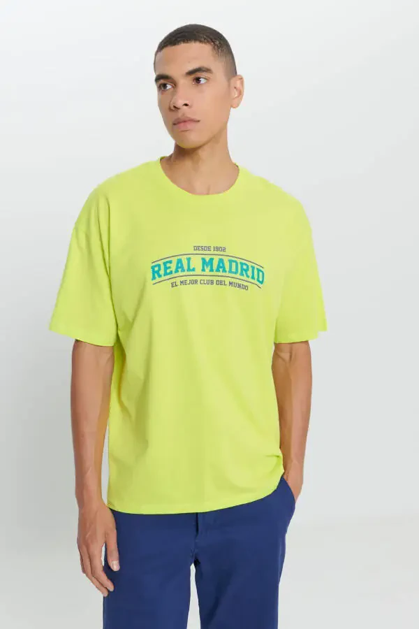 Men's Yellow Real Madrid Licensed Oversize Fit Loose Fit 100% Cotton Crew Neck T-Shirt - 1