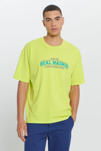 Men's Yellow Real Madrid Licensed Oversize Fit Loose Fit 100% Cotton Crew Neck T-Shirt - 3