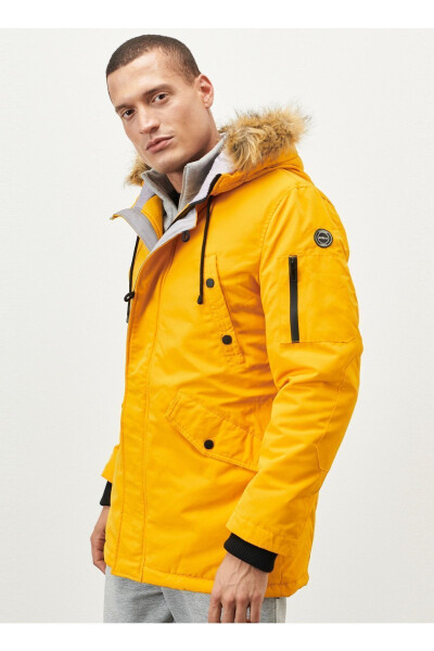 Men's Yellow Standard Fit Regular Fit Hooded Coat - 3