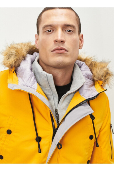 Men's Yellow Standard Fit Regular Fit Hooded Coat - 4