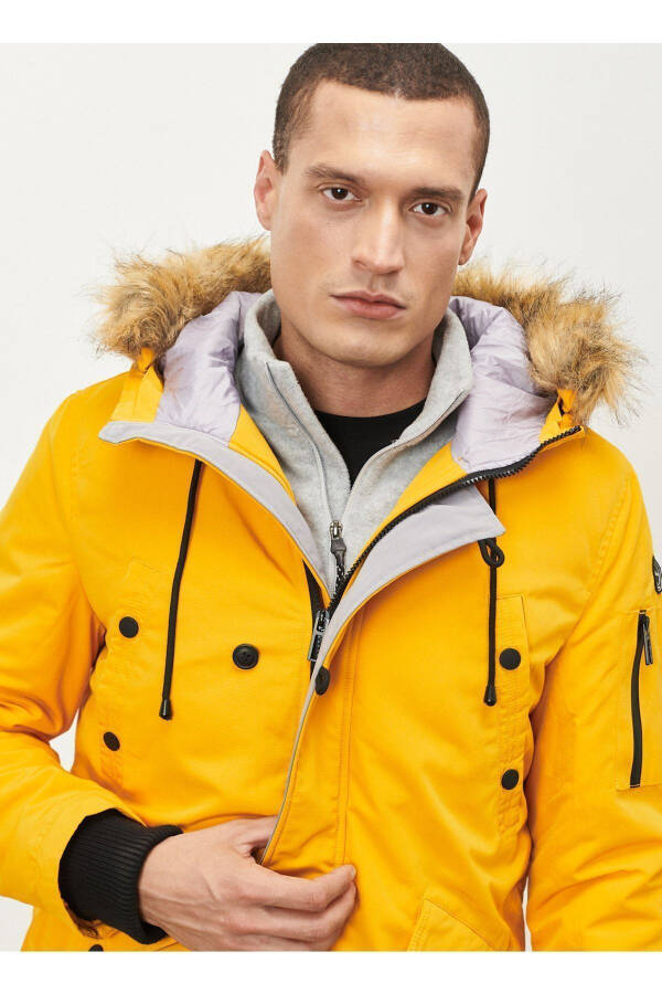 Men's Yellow Standard Fit Regular Fit Hooded Coat - 5