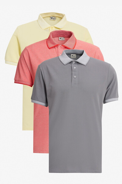 Men's Yellow White-gray-pomegranate Flower 3 Pack Non-Iron Cotton Slim Fit Polo Neck T-shirt 