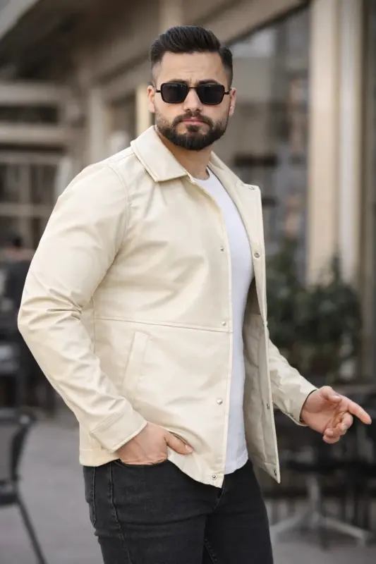 MEN'S ZIP-UP SLIM FIT LEATHER JACKET - Cream leather jckt - BASEL.CO