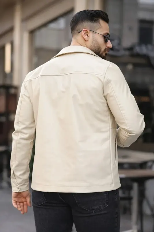 MEN'S ZIP-UP SLIM FIT LEATHER JACKET - Cream leather jckt - 3