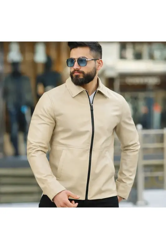 MENS ZIPPERED SLIM FIT LEATHER JACKET - Cream leather zi - 2