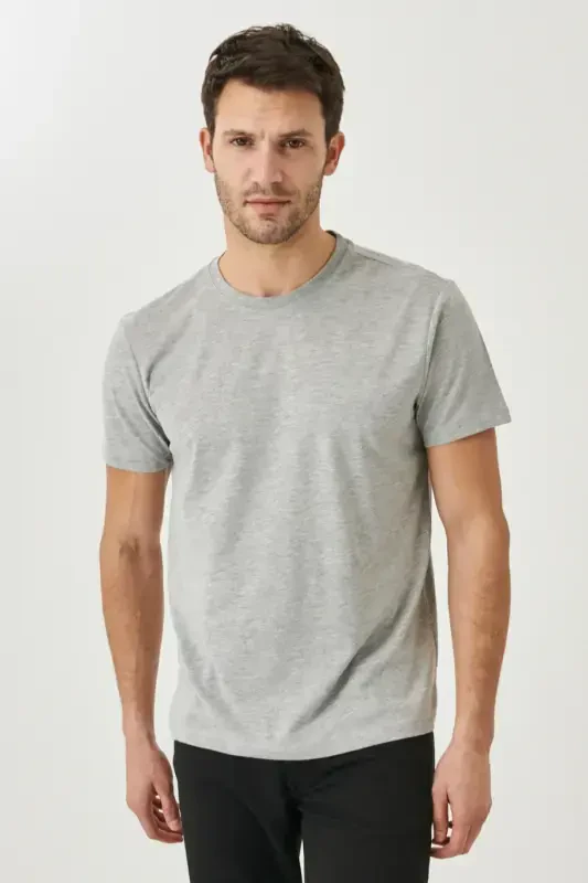 Men's/unisex Gray Melange Cotton Slim Fit Narrow Cut Crew Neck Basic T-shirt-Gray Melange - 3