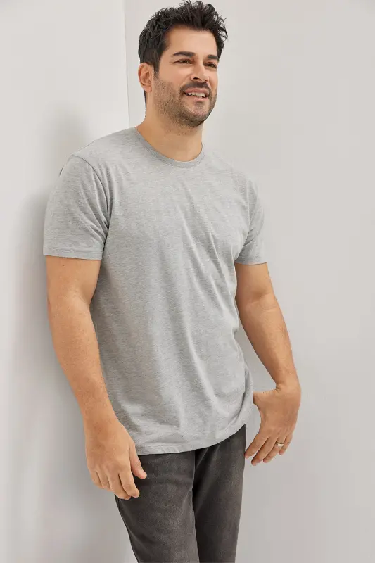Men's/unisex Gray Melange Cotton Slim Fit Narrow Cut Crew Neck Basic T-shirt-Gray Melange - AC&CO / ALTINYILDIZ CLASSICS