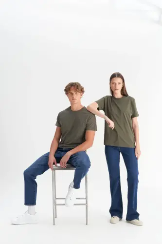 Men's/unisex Khaki 100% Cotton Slim Fit Narrow Cut Crew Neck Basic T-shirt-Khaki - 4