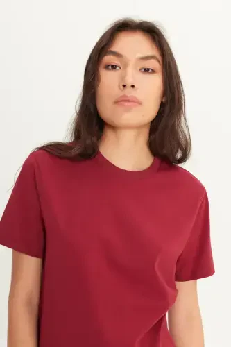 Men/unisex Burgundy 100% Cotton Slim Fit Crew Neck Basic T-Shirt - Burgundy - 8