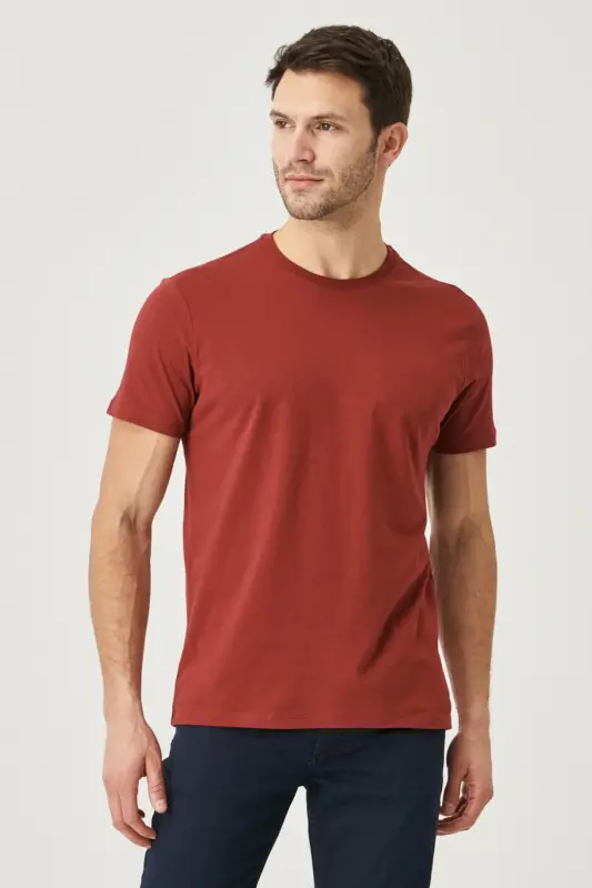 Men/unisex Burgundy 100% Cotton Slim Fit Crew Neck Basic T-Shirt - Burgundy - 5