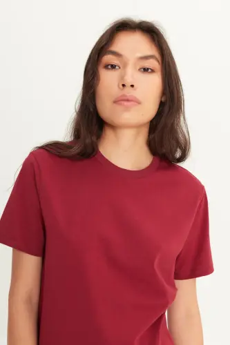 Men/unisex Burgundy 100% Cotton Slim Fit Crew Neck Basic T-Shirt - Burgundy - 8