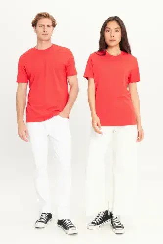 Men/Unisex Red 100% Cotton Slim Fit Crew Neck Basic T-Shirt-Red - 4