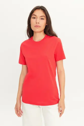 Men/Unisex Red 100% Cotton Slim Fit Crew Neck Basic T-Shirt-Red - 7