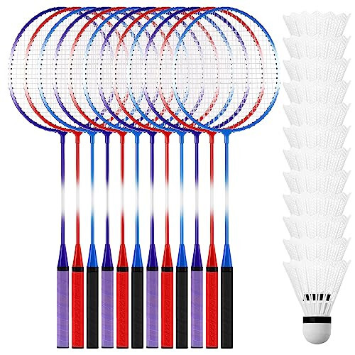 Meooeck 12 Pcs Badminton Rackets Set for Adults and Teenagers Badminton Set with 12 Pcs Nylon Shuttlecocks for Backyard Gym Beach Outdoor Games, Red, Purple and Blue - Meooeck