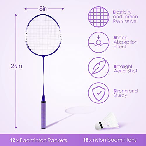 Meooeck 12 Pcs Badminton Rackets Set for Adults and Teenagers Badminton Set with 12 Pcs Nylon Shuttlecocks for Backyard Gym Beach Outdoor Games, Red, Purple and Blue - Meooeck (1)