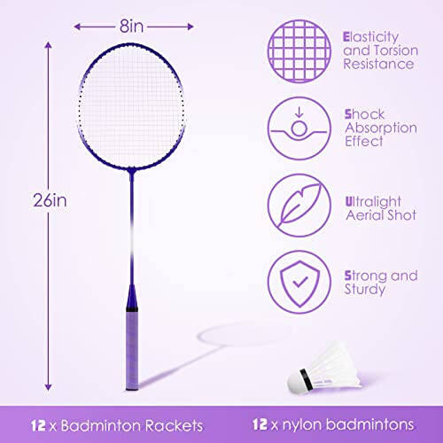 Meooeck 12 Pcs Badminton Rackets Set for Adults and Teenagers Badminton Set with 12 Pcs Nylon Shuttlecocks for Backyard Gym Beach Outdoor Games, Red, Purple and Blue - 2