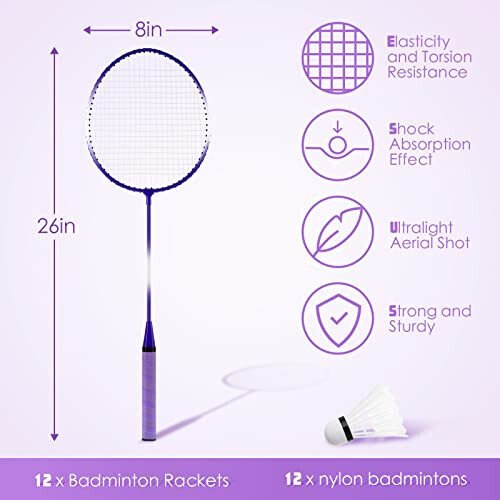 Meooeck 12 Pcs Badminton Rackets Badminton Rackets Set for Adults and Teenagers Badminton Set with 12 Pcs Nylon Badminton Shuttlecocks for Backyard Gym Beach Outdoor Games, Red, Purple and Blue - Meooeck (1)