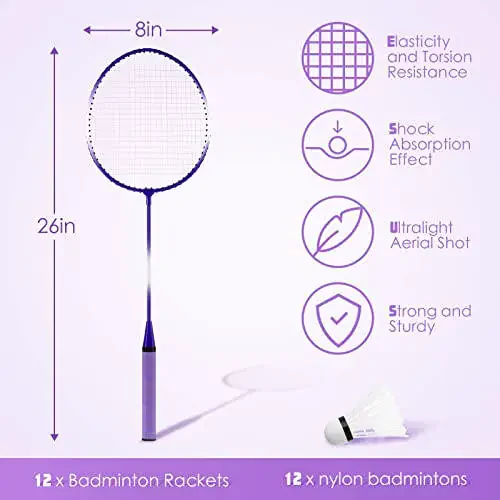Meooeck 12 Pcs Badminton Rackets Badminton Rackets Set for Adults and Teenagers Badminton Set with 12 Pcs Nylon Badminton Shuttlecocks for Backyard Gym Beach Outdoor Games, Red, Purple and Blue - 2