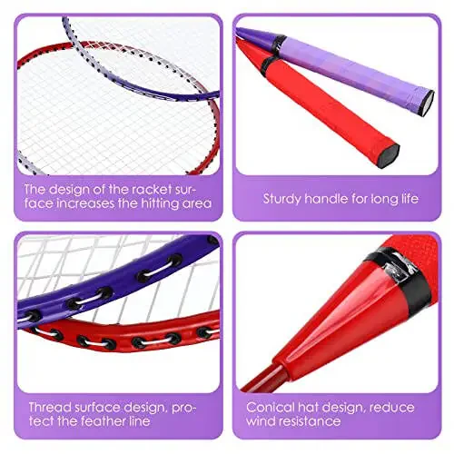 Meooeck 12 Pcs Badminton Rackets Badminton Rackets Set for Adults and Teenagers Badminton Set with 12 Pcs Nylon Badminton Shuttlecocks for Backyard Gym Beach Outdoor Games, Red, Purple and Blue - 3