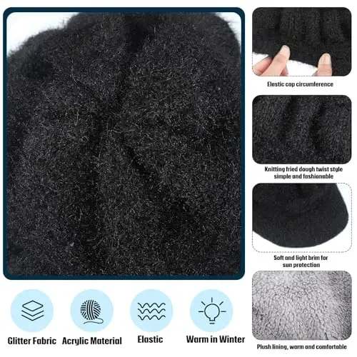 Mepase 3 Pieces Women Warm Hat for Winter Slouchy Beanie Cap with Visor Knitted Newsboy Hats for Women Ski Snow - 6