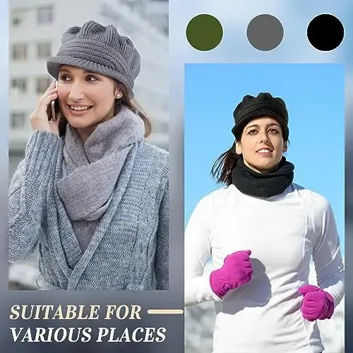 Mepase 3 Pieces Women Warm Hat for Winter Slouchy Beanie Cap with Visor Knitted Newsboy Hats for Women Ski Snow - 4
